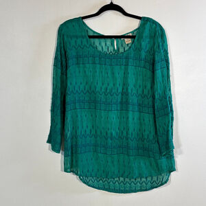 Lucky Brand Green Embroidered Tunic Top Women’s Medium Button Back Scoop Neck